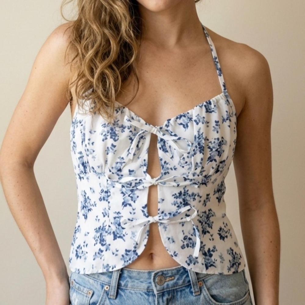 Blue Floral Halter Corset Top Triple Front Bow Tie Sweetheart – M